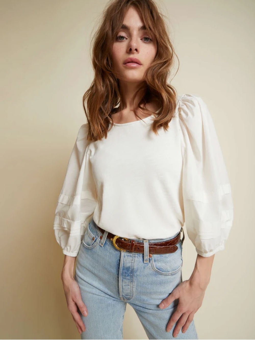 Nation LTD Gracie Pintuck Combo Tee Off White